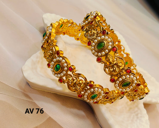 AD & Pearl Studded Laxmi Bangles - Set of 2 (Sizes  2.4, 2.6, 2.8 )