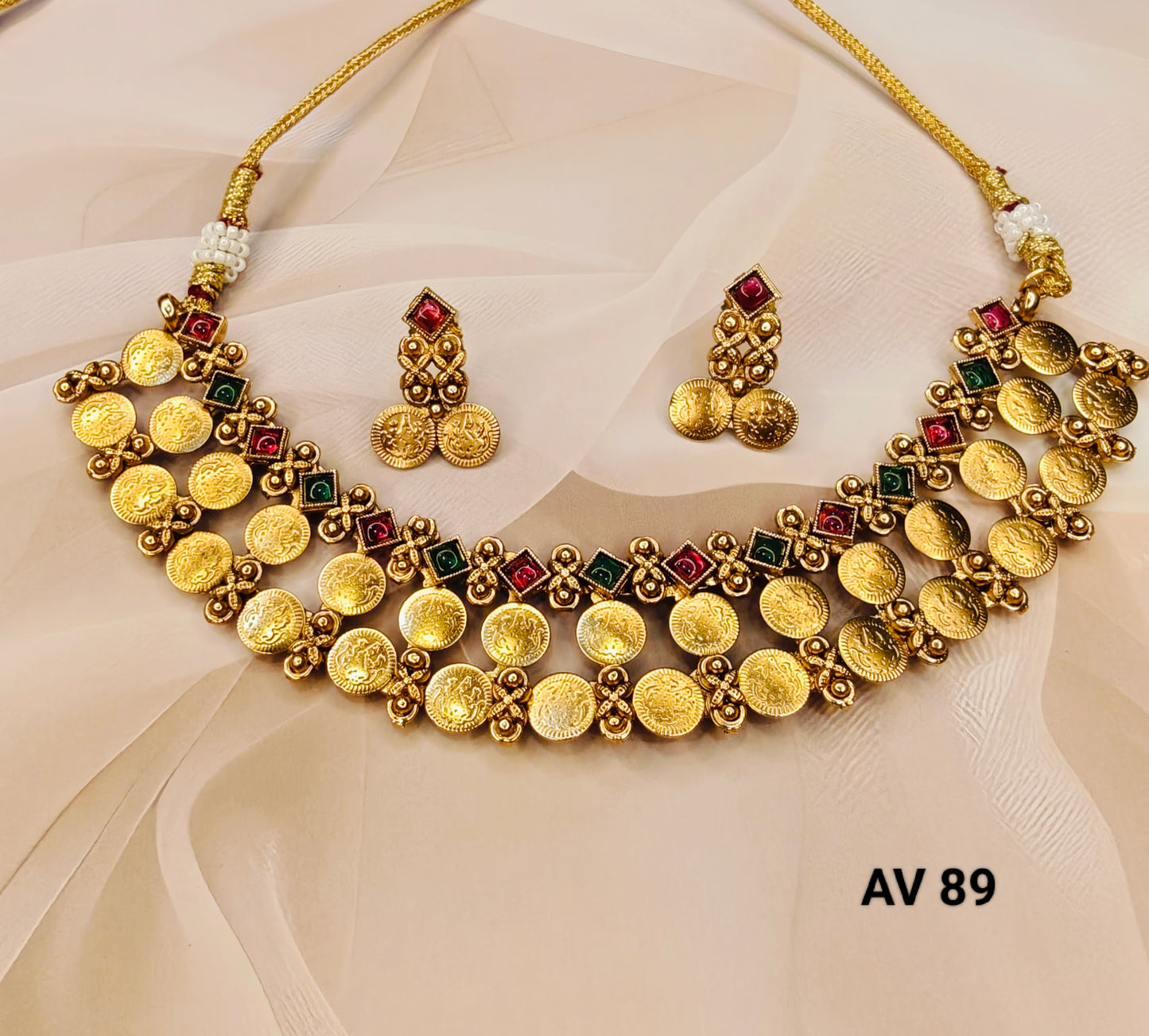 Premium Multi Stone Laxmi Coin Necklace
