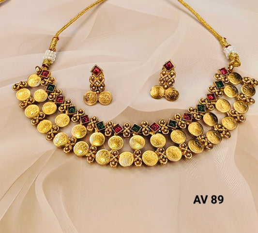 Premium Multi Stone Laxmi Coin Necklace