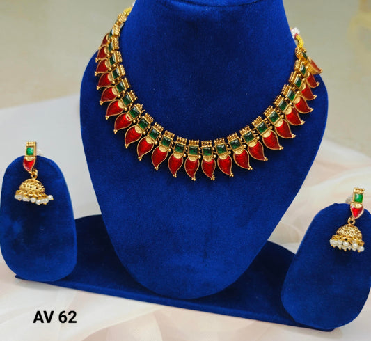 Premium Red- Green Palakka Necklace With Earrings