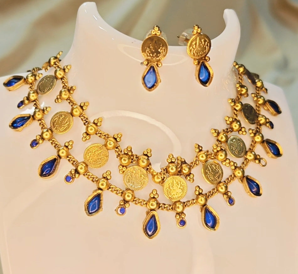 Blue Coin Palakka Choker Set with Earrings