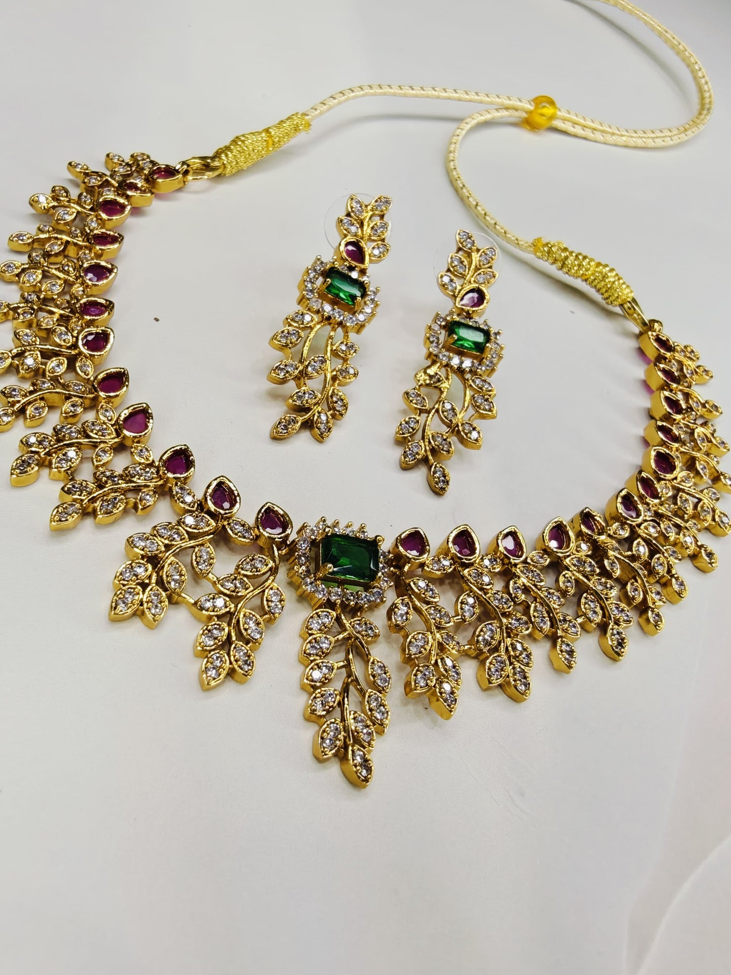 AD Stone Leaf Design Necklace With Pink And Green Stones