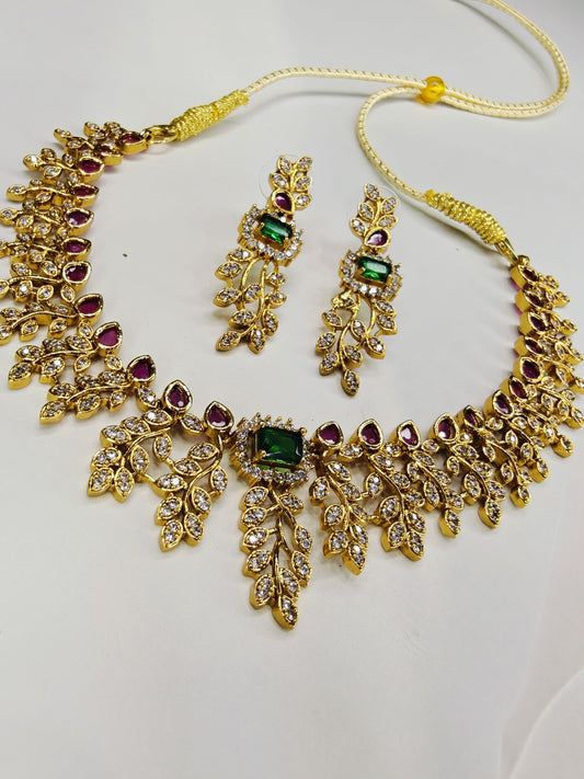 AD Stone Leaf Design Necklace With Pink And Green Stones