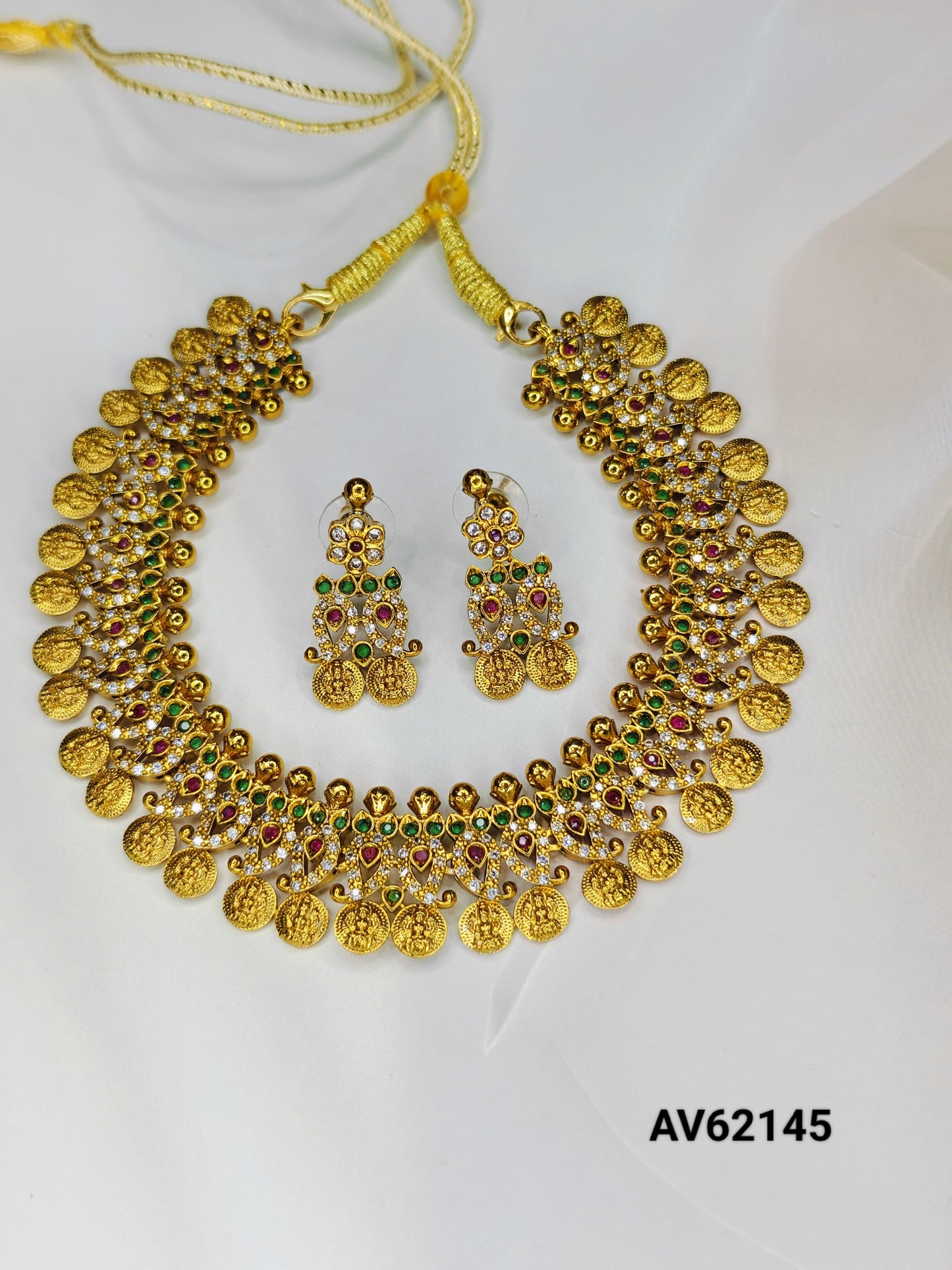 Antique Gold Plated Ruby, Emerald And AD Stone Necklace