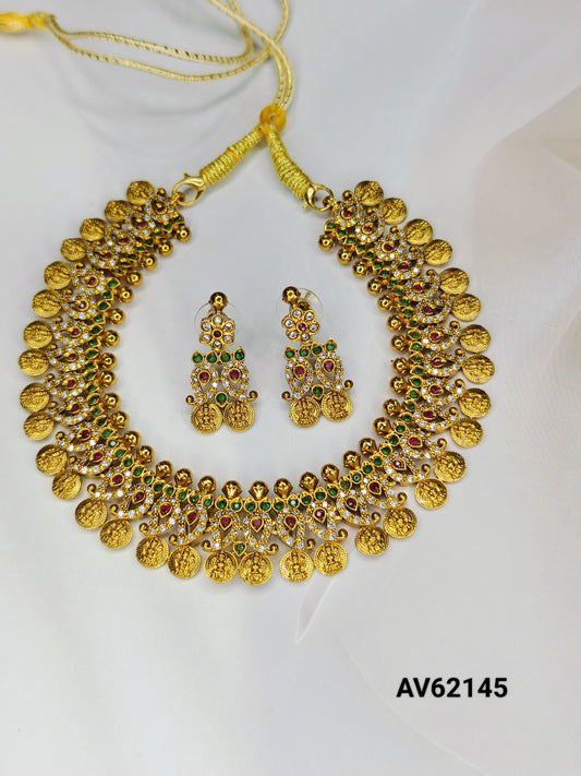Antique Gold Plated Ruby, Emerald And AD Stone Necklace