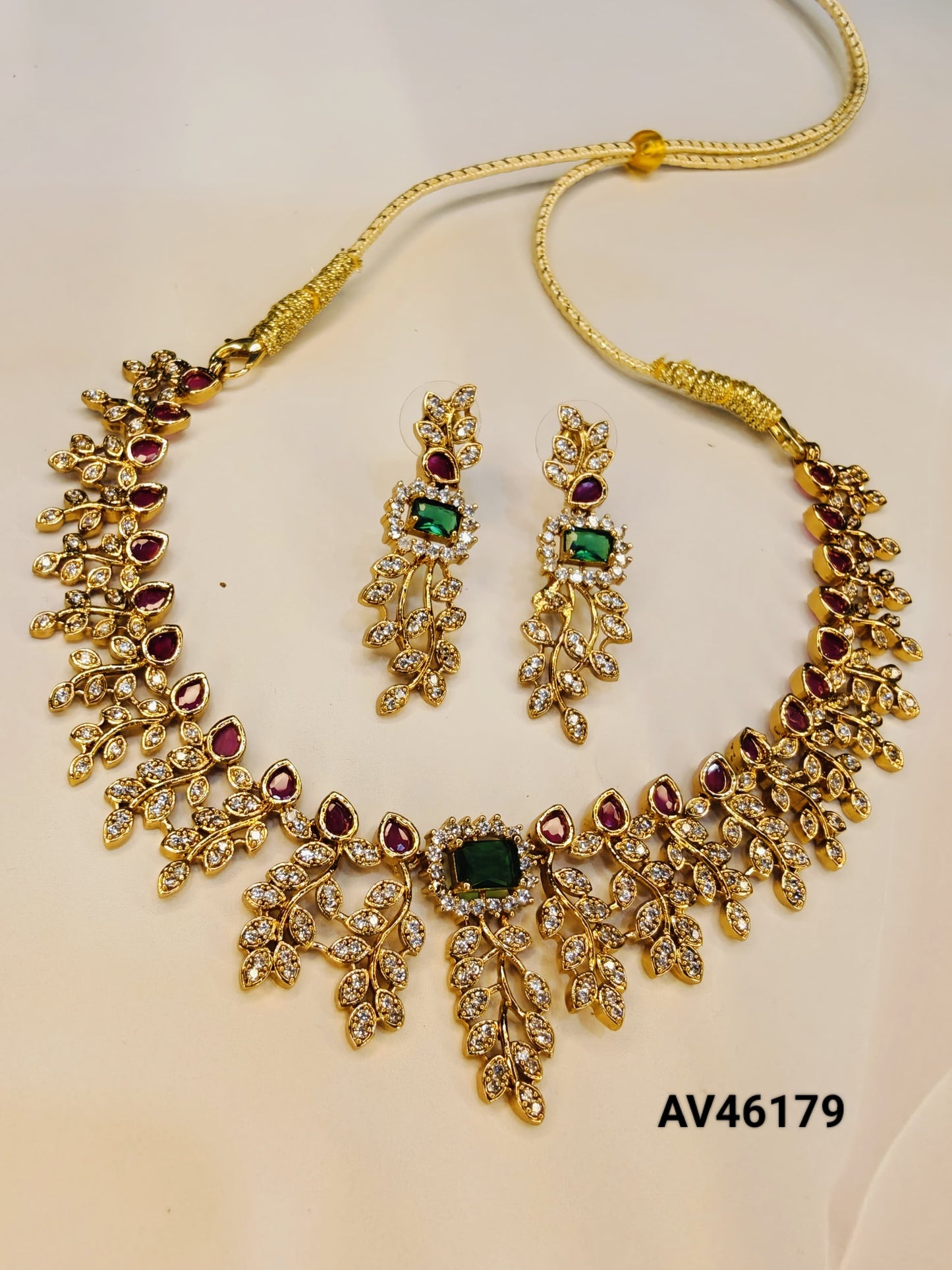 AD Stone Leaf Design Necklace With Pink And Green Stones