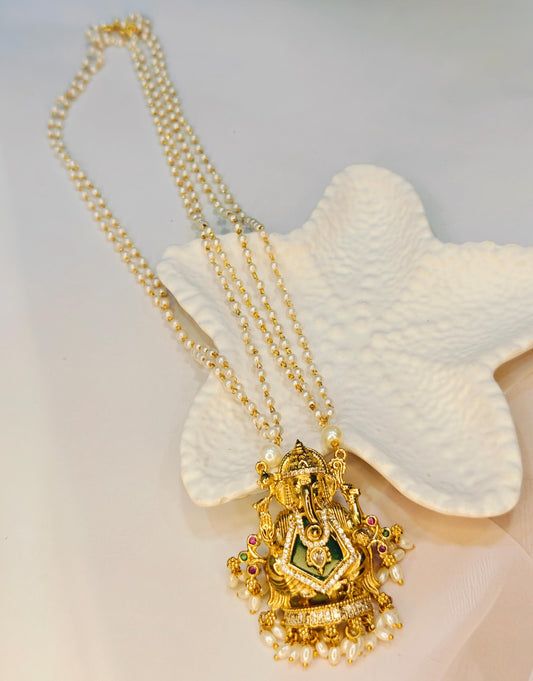 Gold-Plated Ganesh Pendant With  Pearl Chain