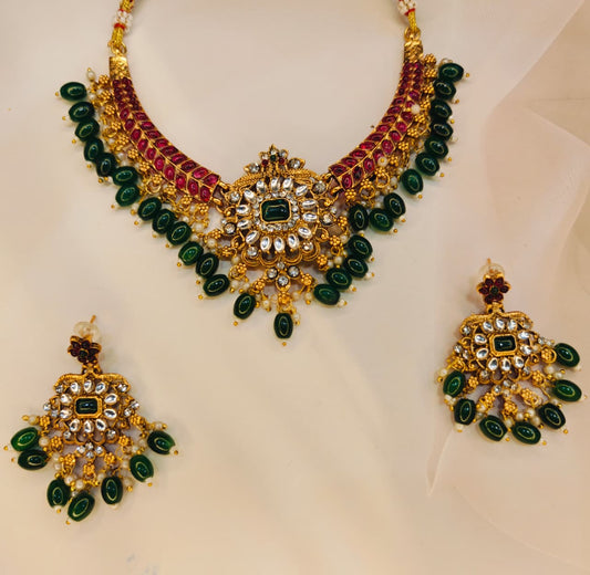 Antique Ruby Green Hasli Necklace With Balis