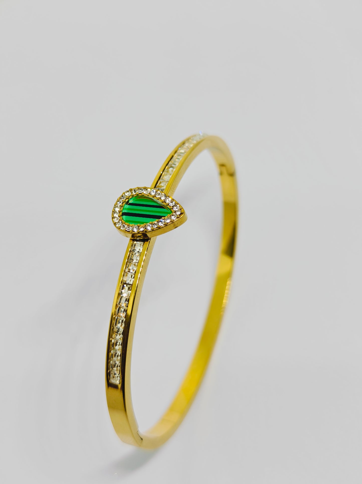 14k Gold Plated Emerald Pear and Natural Diamond Bypass Bangle Bracelet