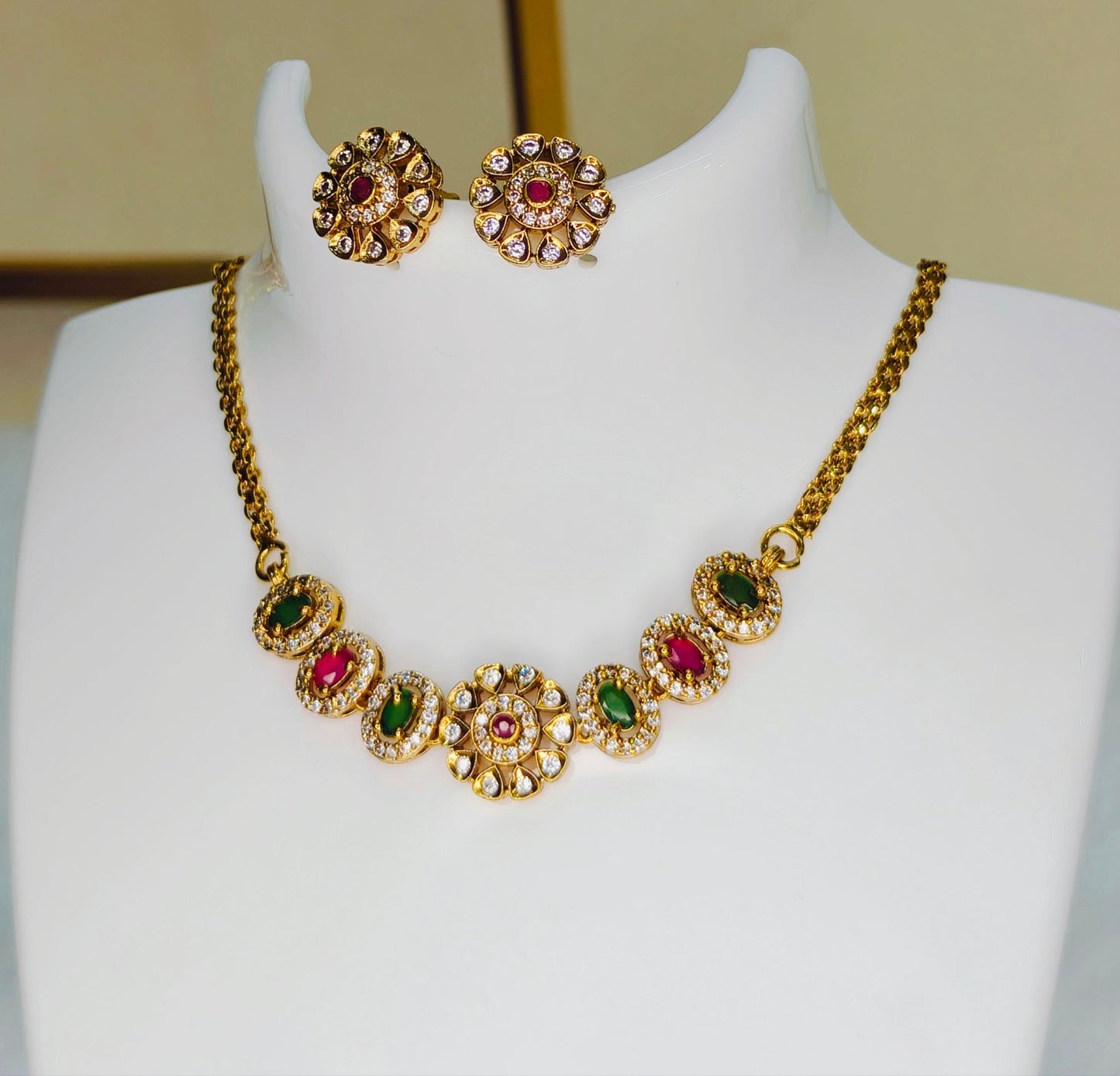 Floral Ruby & Emerald Stones Choker Set with Floral Studs