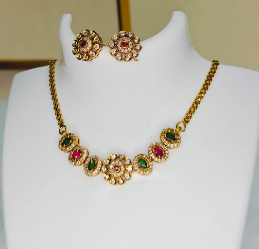 Floral Ruby & Emerald Stones Choker Set with Floral Studs