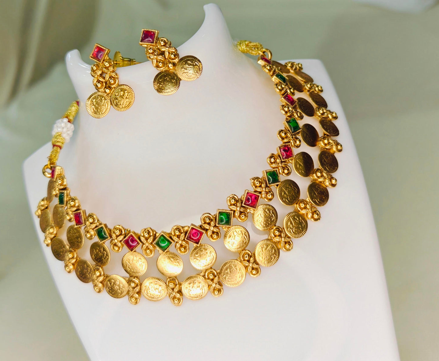 Layered Lakshmi Coin Kemp Stone Necklace Set