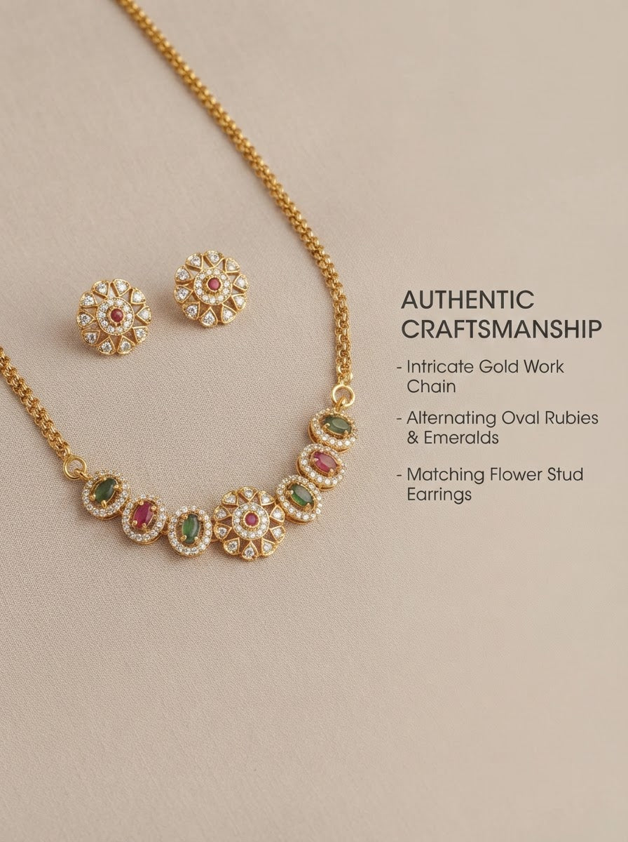 Floral Ruby & Emerald Stones Choker Set with Floral Studs