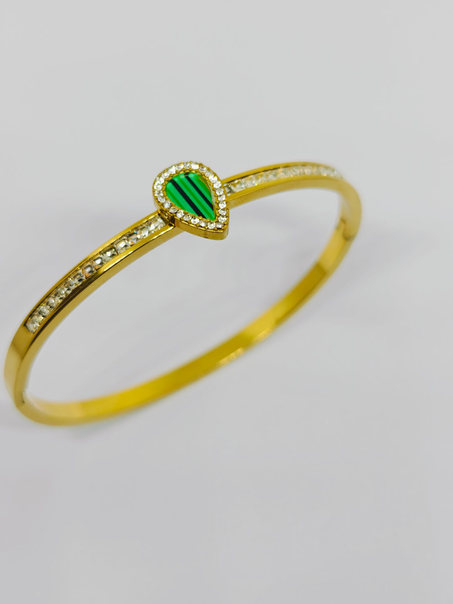 14k Gold Plated Emerald Pear and Natural Diamond Bypass Bangle Bracelet