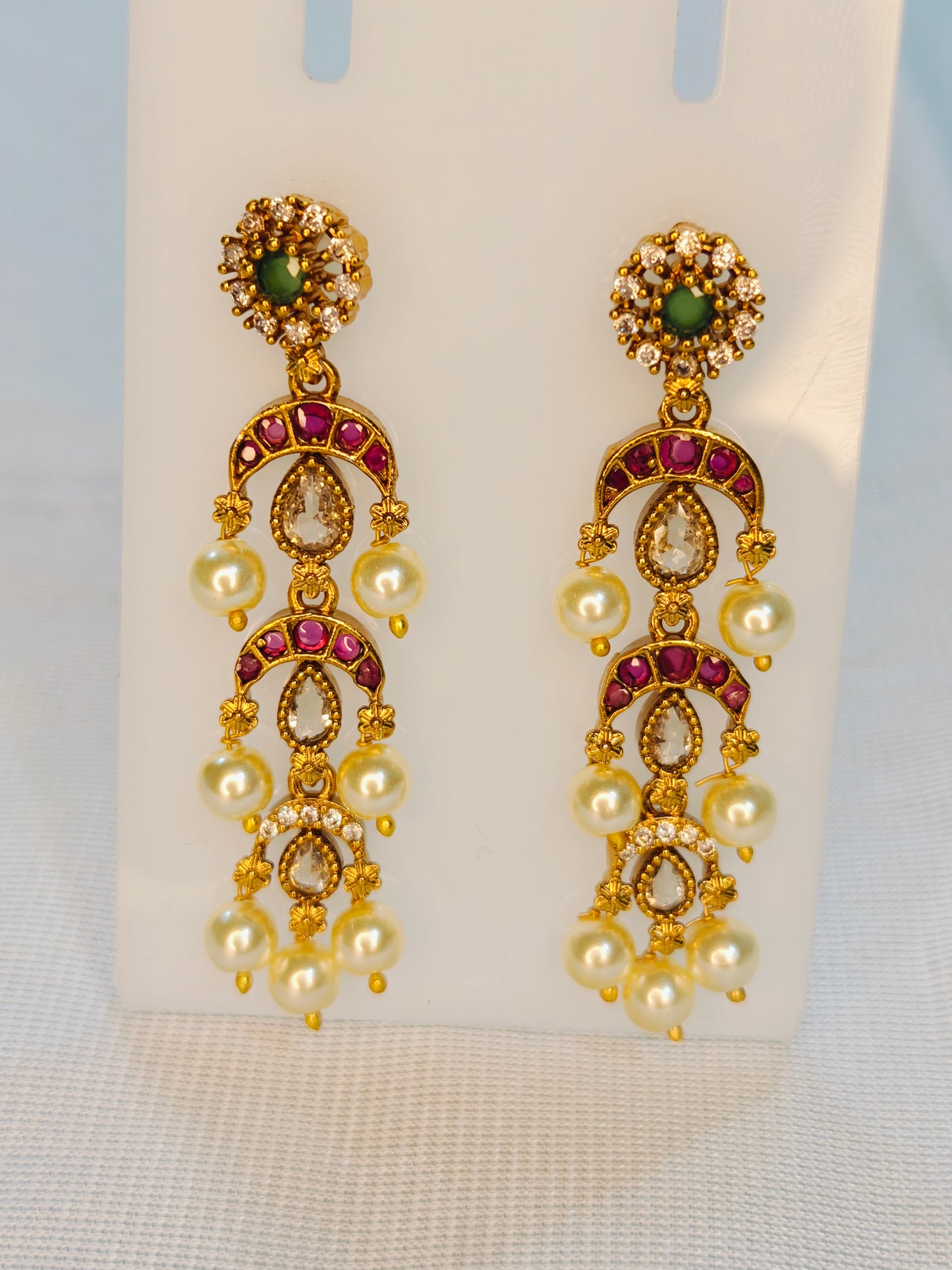 Jadau Kundan Three Layer Pearl Drop Earrings