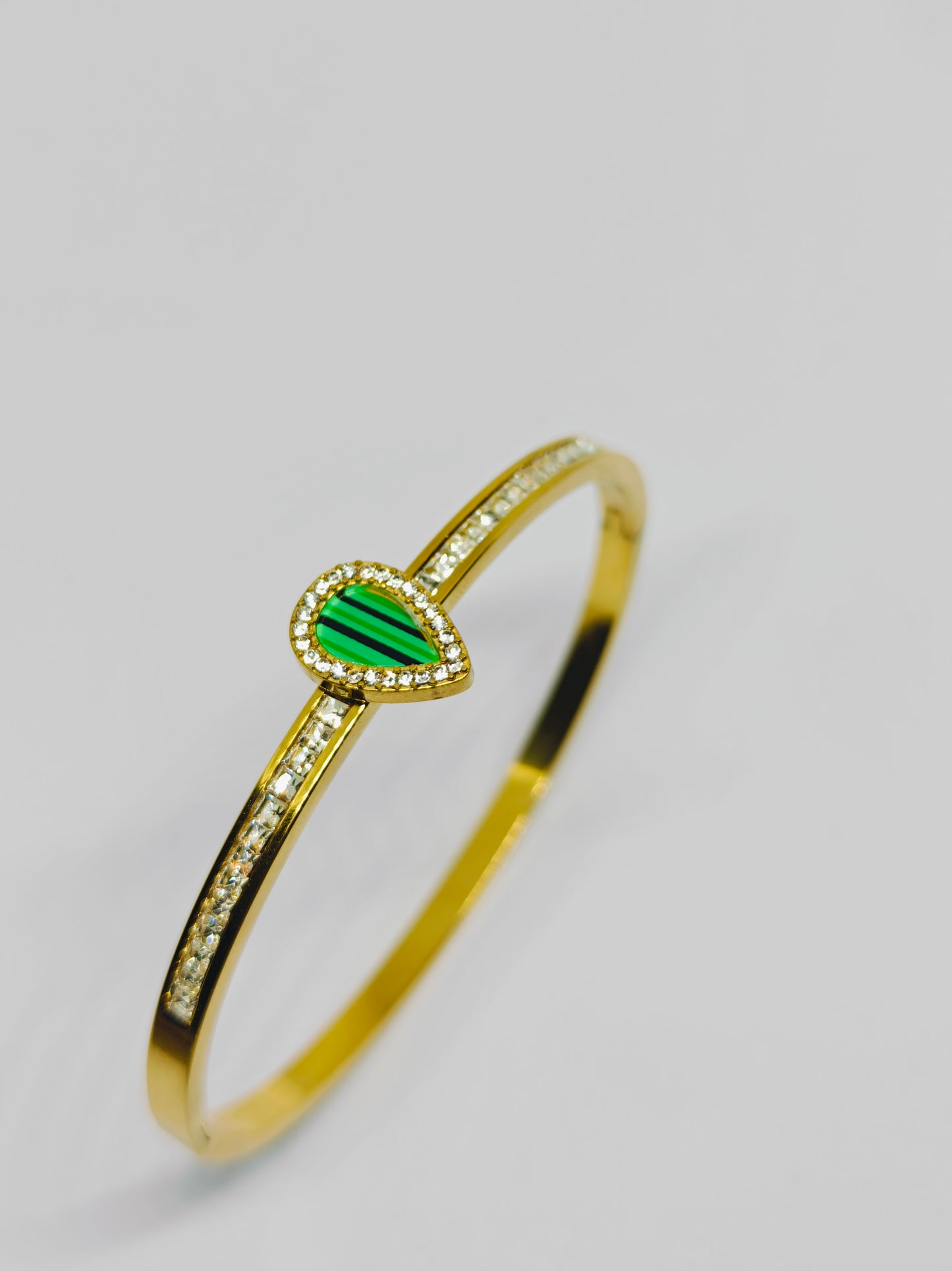 14k Gold Plated Emerald Pear and Natural Diamond Bypass Bangle Bracelet