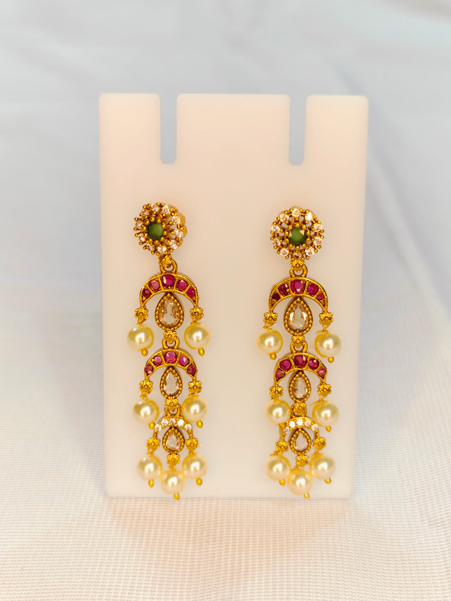 Jadau Kundan Three Layer Pearl Drop Earrings