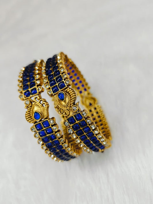 Gold Plated Bangles with Blue Square Kundan stones and a peacock design