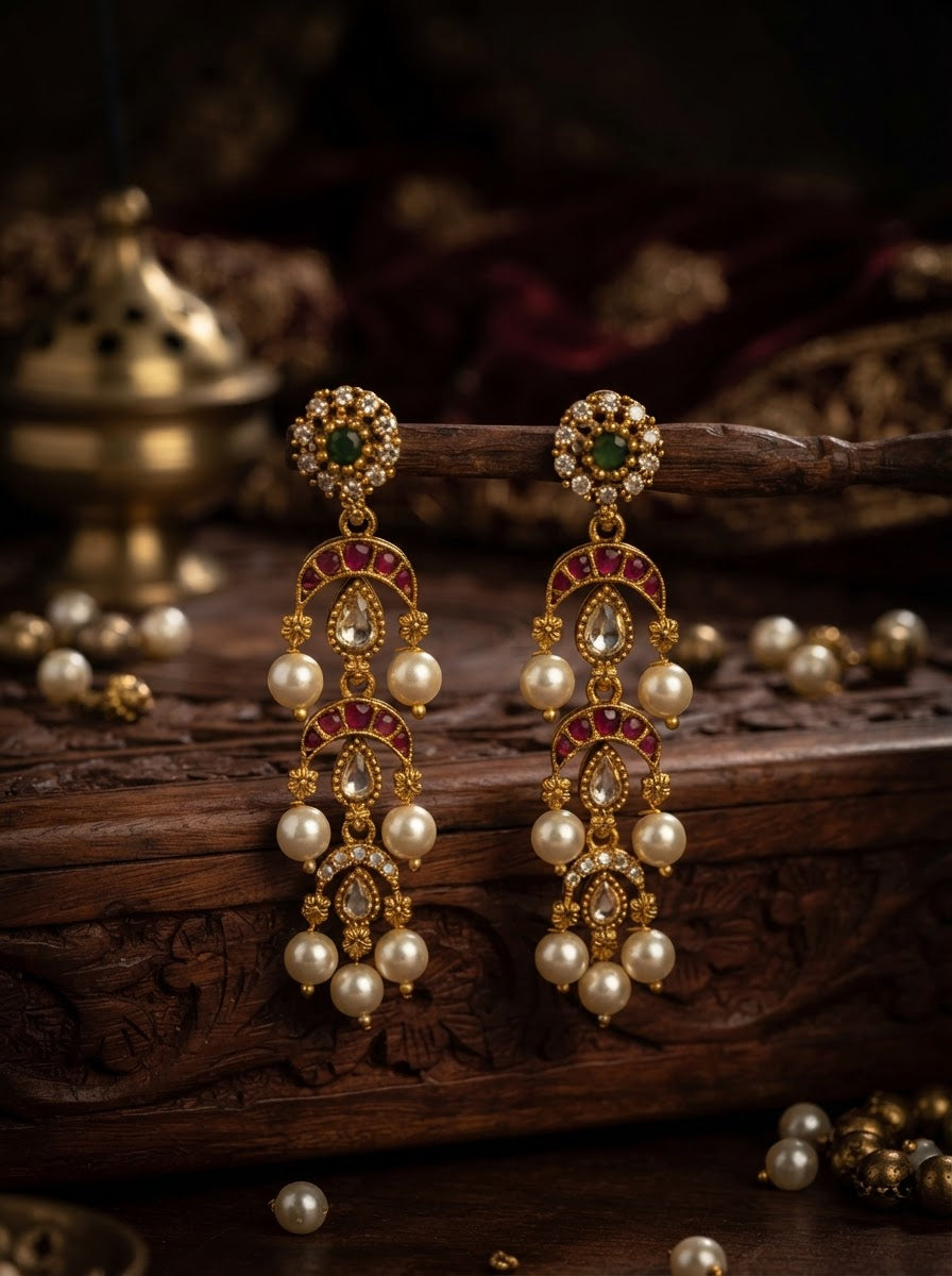 Jadau Kundan Three Layer Pearl Drop Earrings