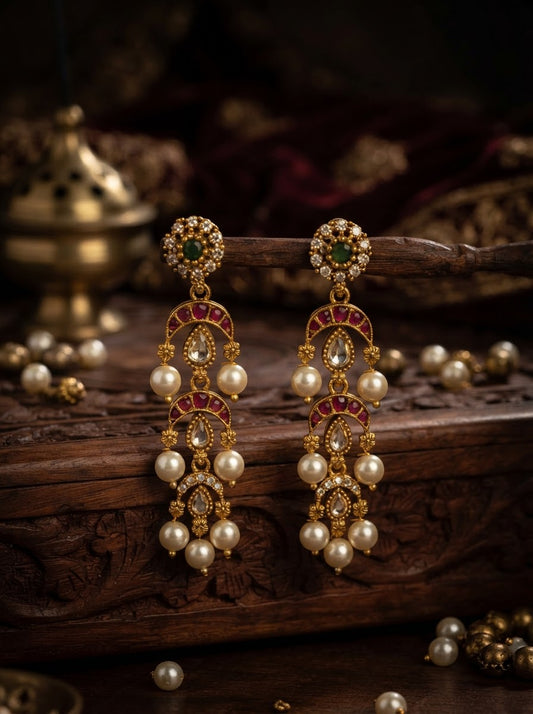 Jadau Kundan Three Layer Pearl Drop Earrings