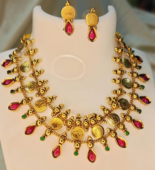 Ruby & Green Coin Palakka Choker Set with Earrings