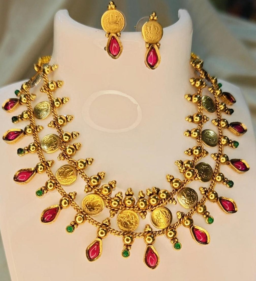 Ruby & Green Coin Palakka Choker Set with Earrings