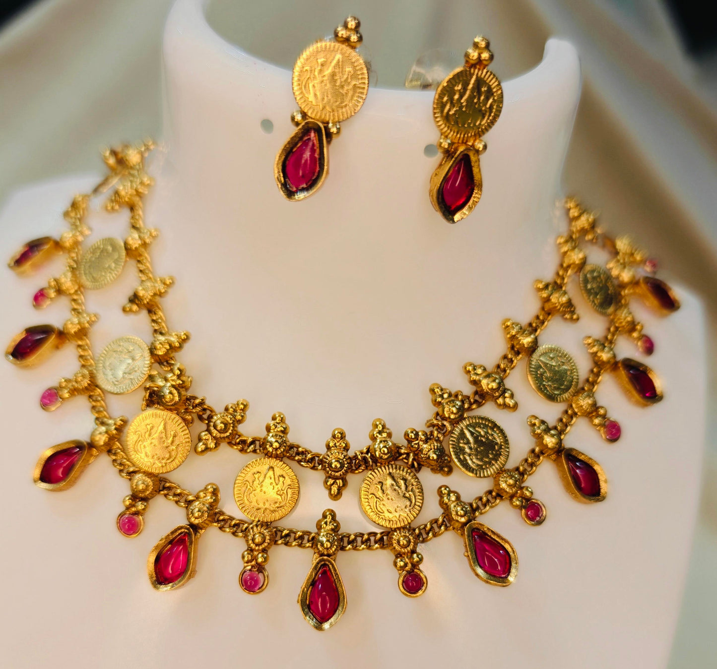 Ruby Coin Palakka Choker Set with Earrings