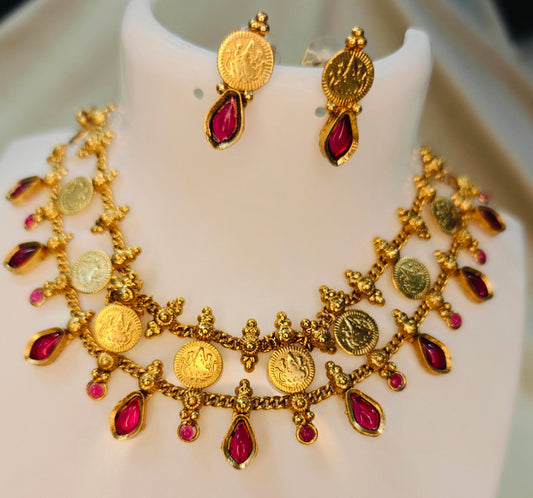 Ruby Coin Palakka Choker Set with Earrings