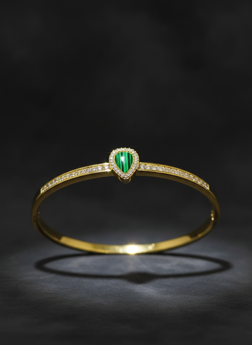 14k Gold Plated Emerald Pear and Natural Diamond Bypass Bangle Bracelet