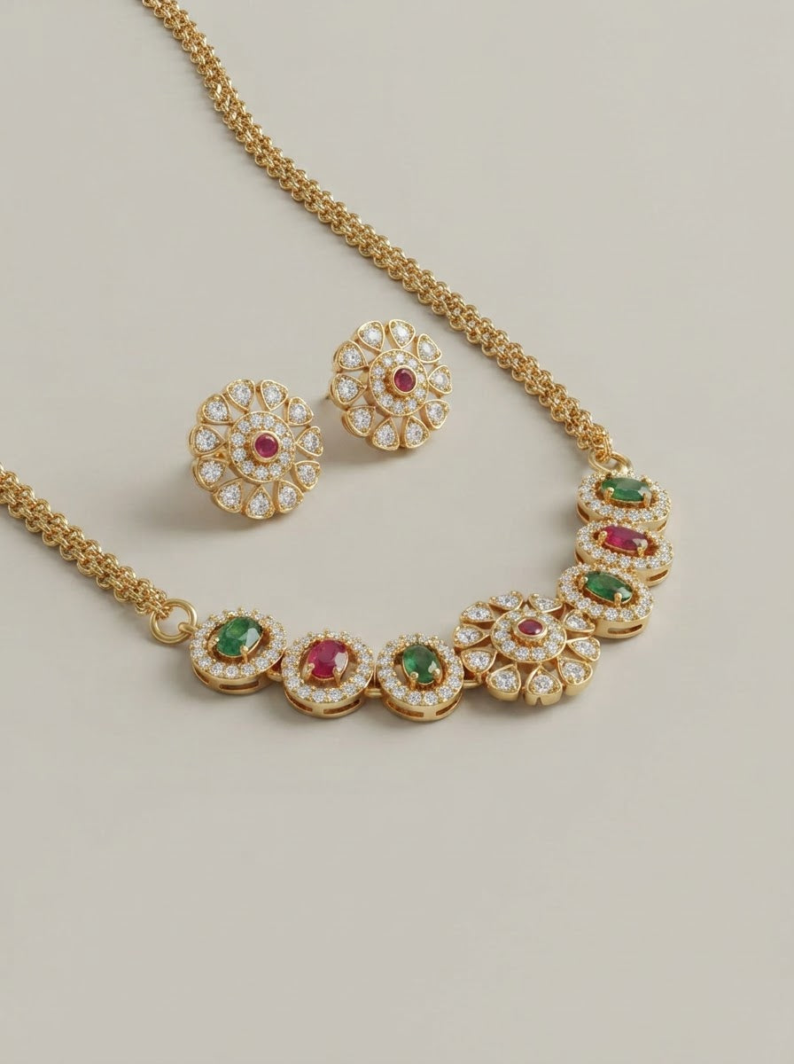 Floral Ruby & Emerald Stones Choker Set with Floral Studs