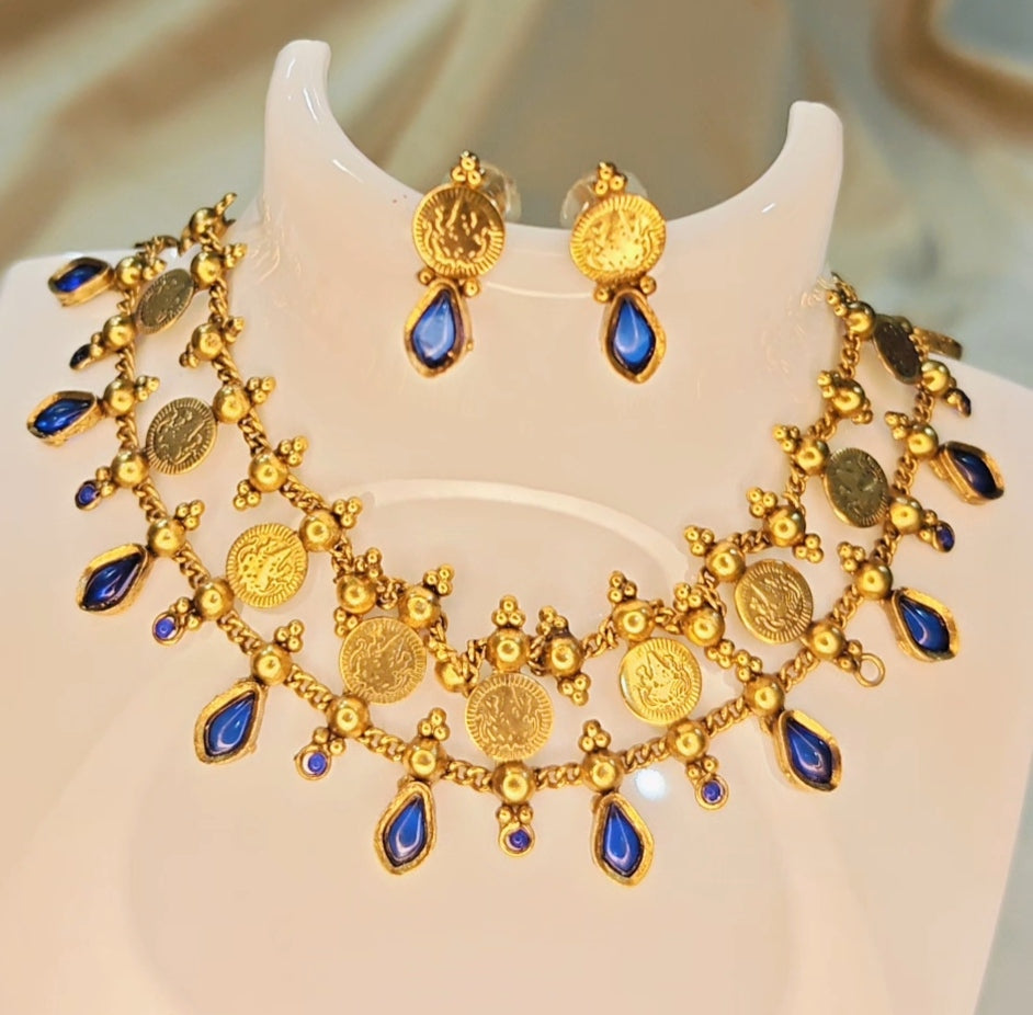 Blue Coin Palakka Choker Set with Earrings