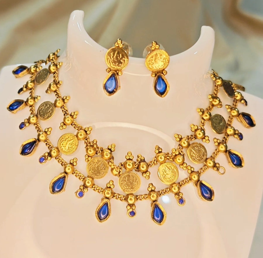 Blue Coin Palakka Choker Set with Earrings