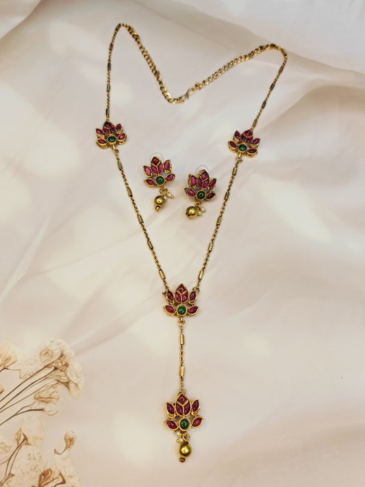 Ruby Pink Studded Layered Lotus Motifs Necklace Set