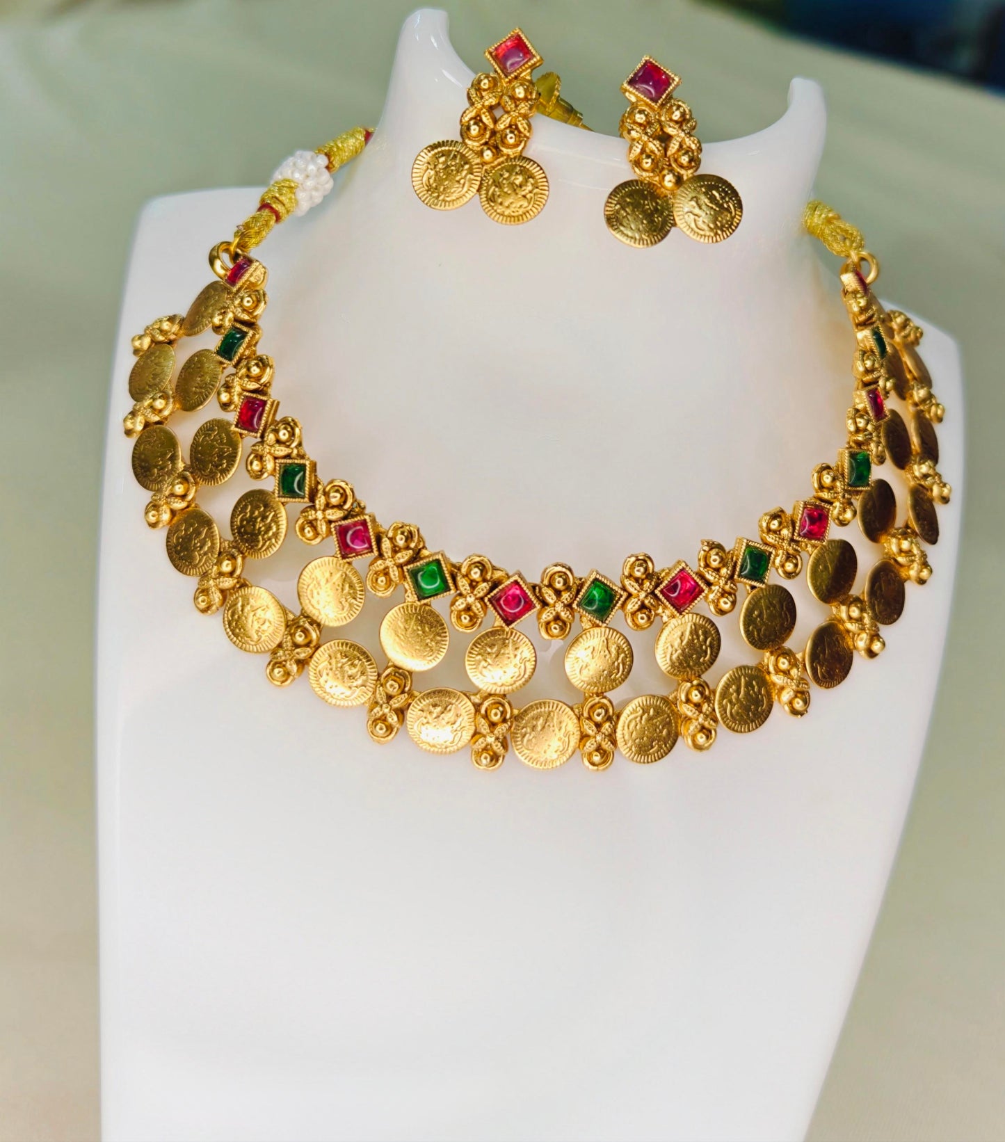 Layered Lakshmi Coin Kemp Stone Necklace Set