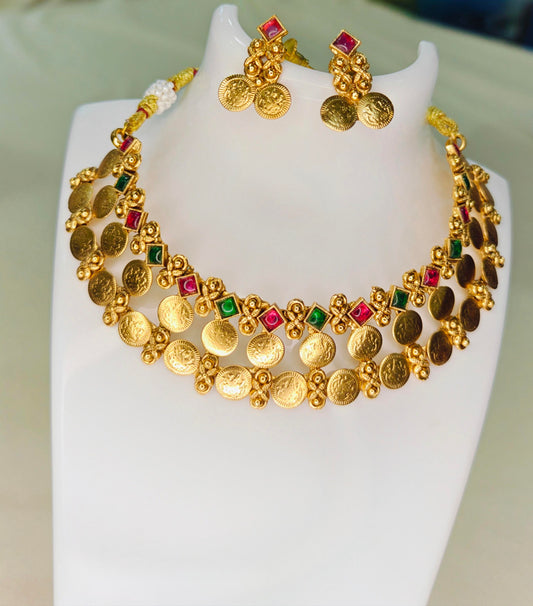 Layered Lakshmi Coin Kemp Stone Necklace Set